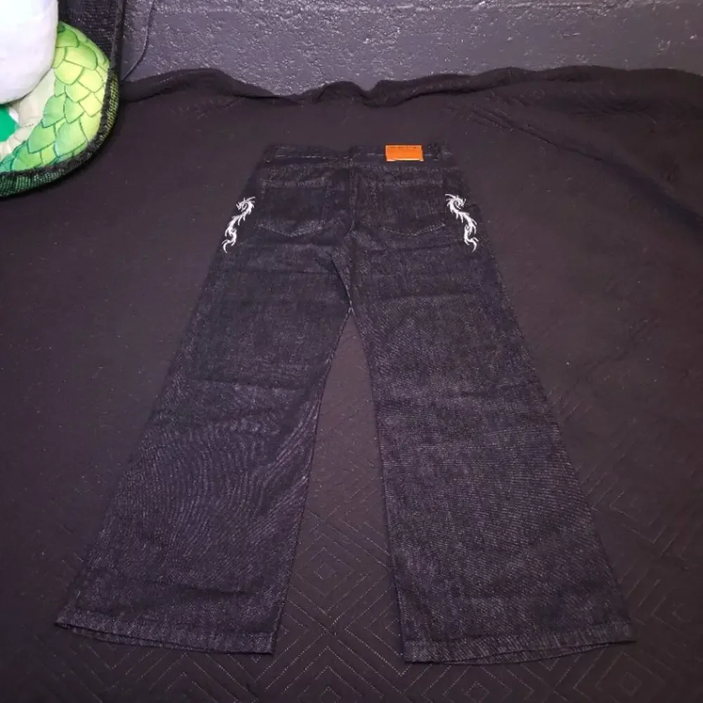 Embroidered Flame Raw Denim Jeans Dark Indigo Wide Leg W32 44in